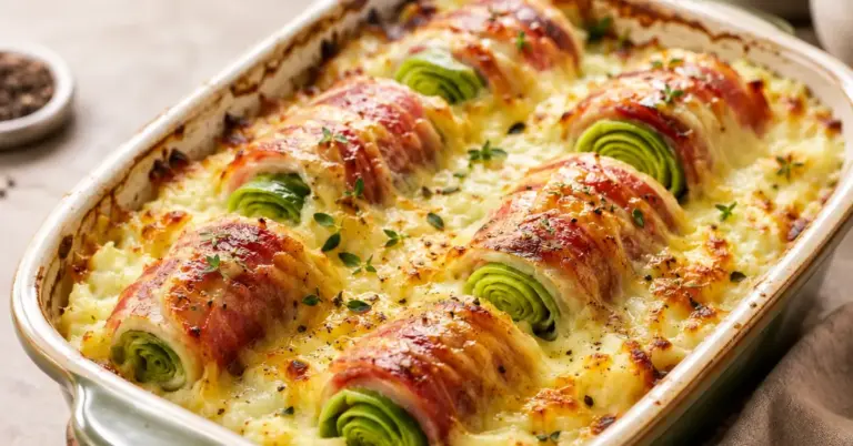 Preirolletjes uit de oven met spek en gesmolten kaas op romige aardappelpuree