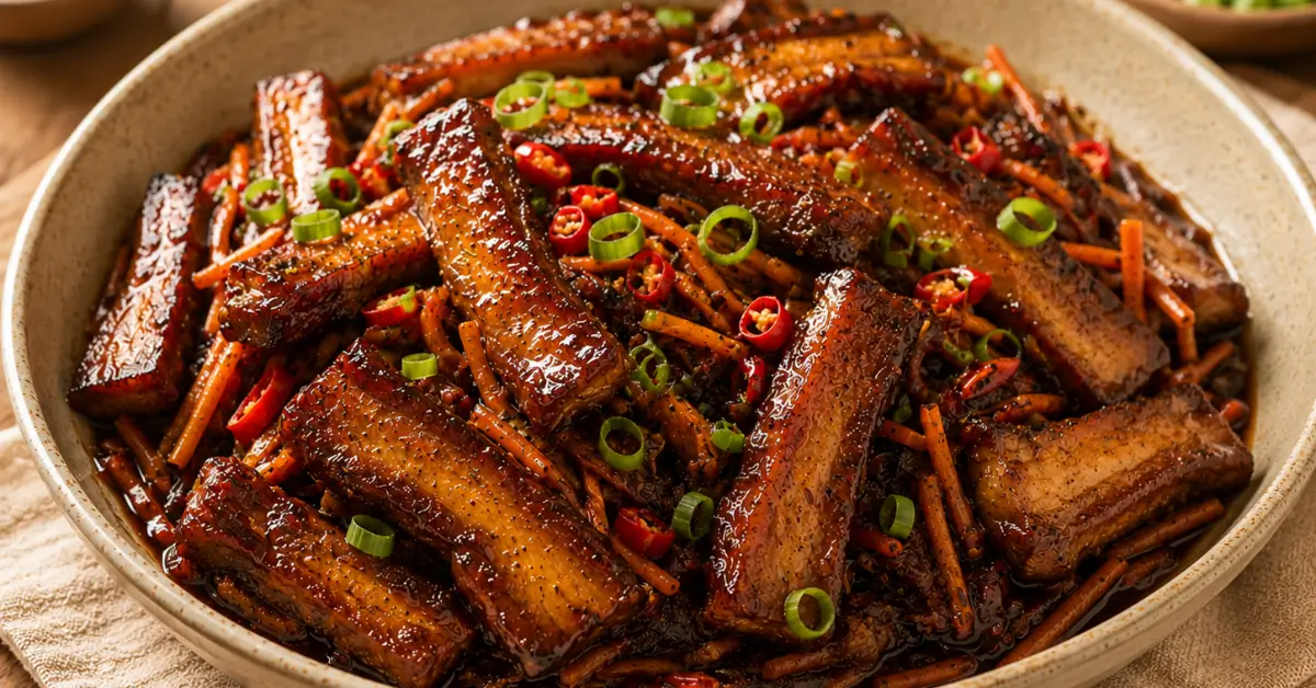 Indische speklapjes in ketjapsaus met rijst en komkommer