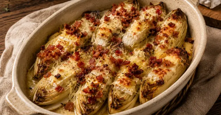 Witlof uit de oven met brie en spek op een bord