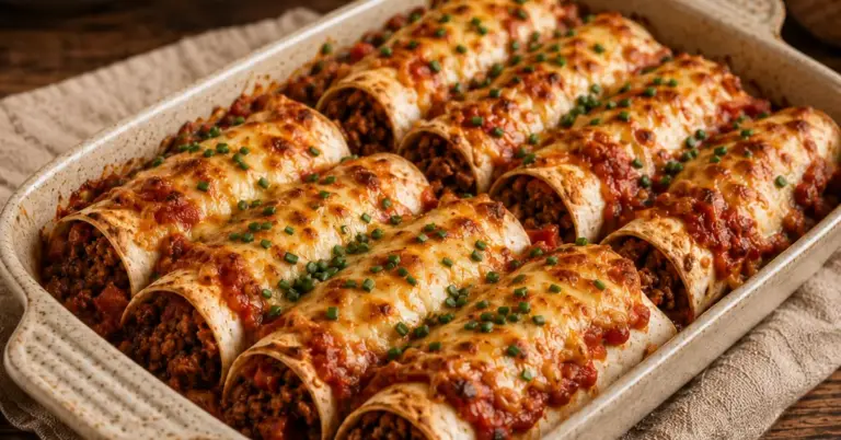 Wraps met gehakt uit de oven met goudbruine kaas