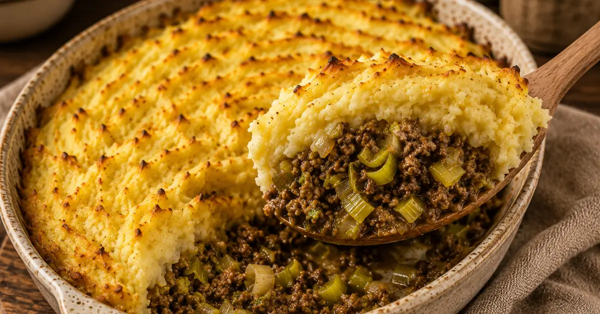 Ovenschotel met Prei en Gehakt met romige aardappelpuree