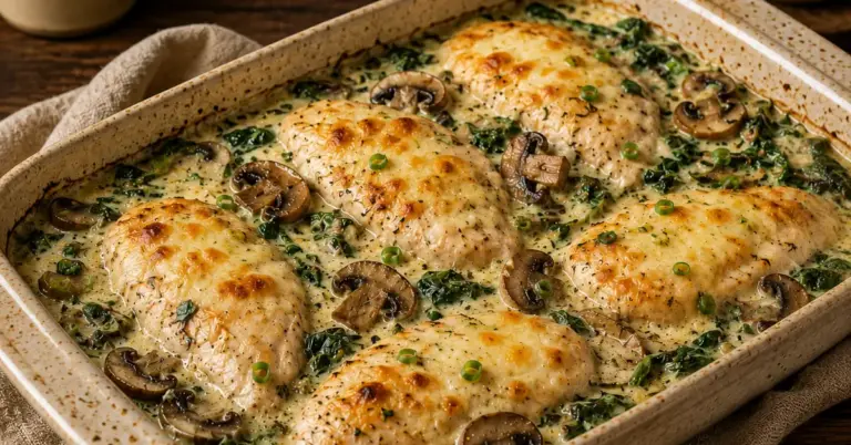 Kip, Spinazie en Champignons Ovenschotel met gesmolten mozzarella
