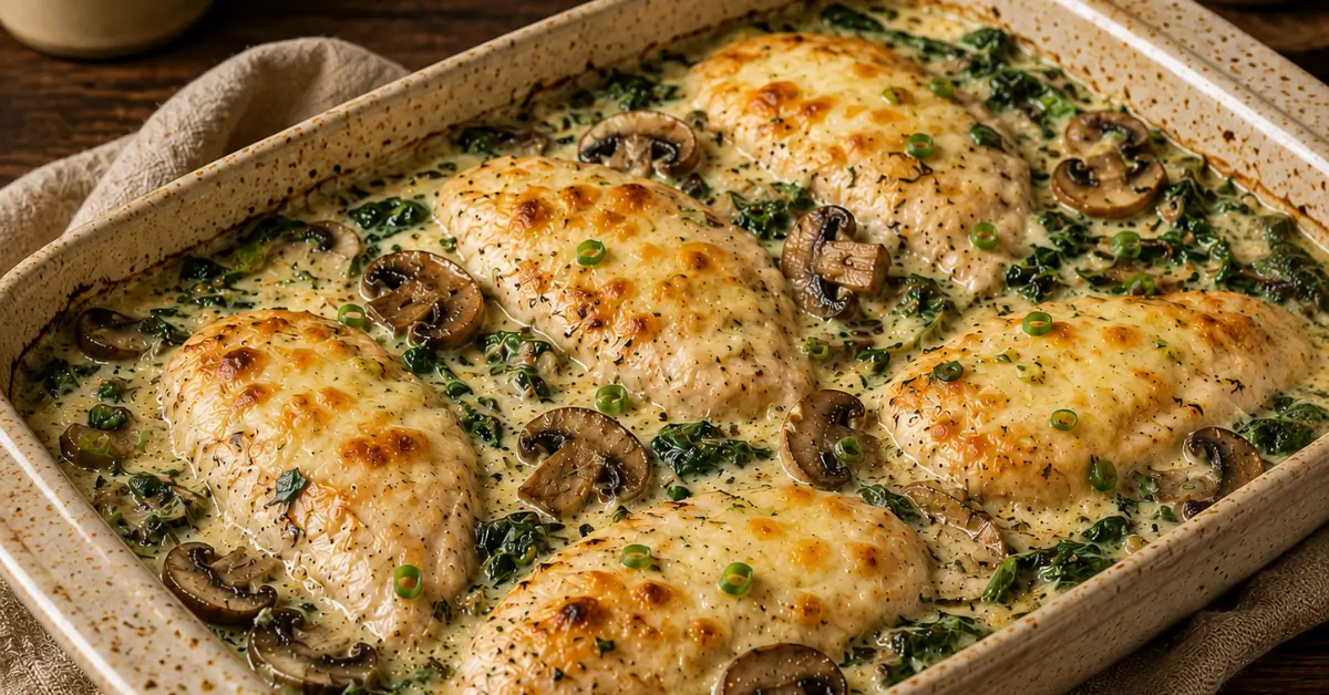 Kip, Spinazie en Champignons Ovenschotel met gesmolten mozzarella