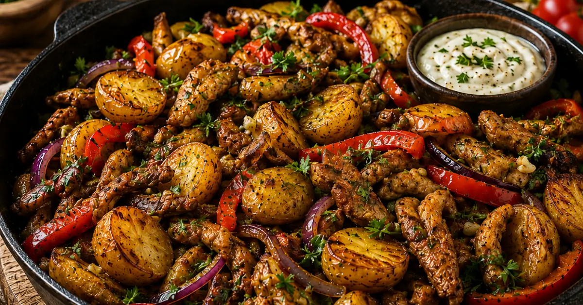 Shoarma Krieltjes Pan met paprika en knoflooksaus
