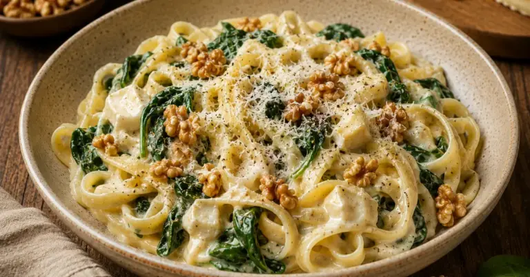 Romige Brie-Pasta met Spinazie en Walnoten op een diep bord