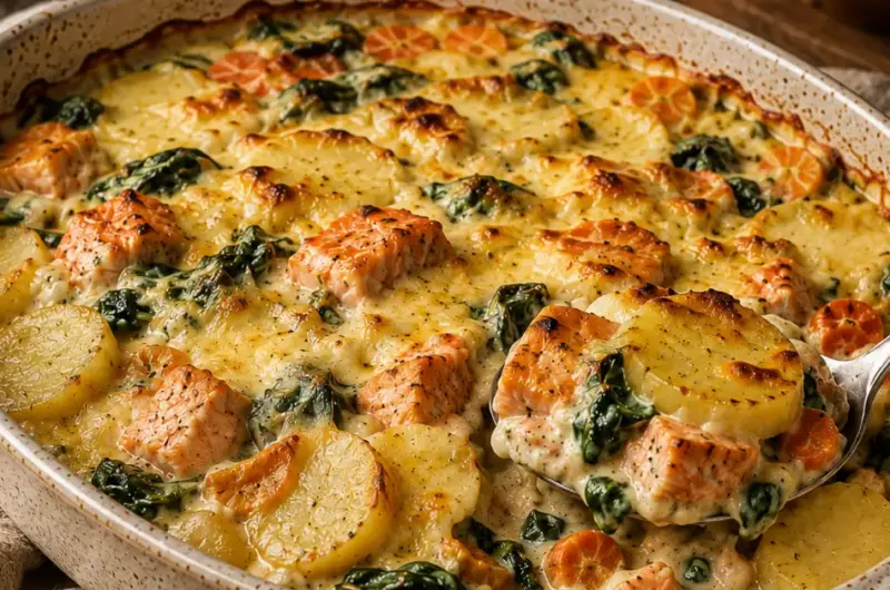 Aardappel-Zalm Ovenschotel met Spinazie en Wortel