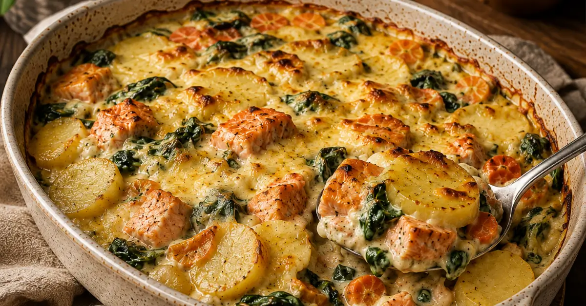 Aardappel-Zalm Ovenschotel met Spinazie en Wortel met goudbruine kaas