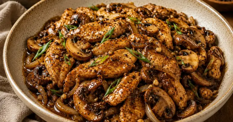 Aziatische Kip met Zwarte Peper en Champignons in een wok