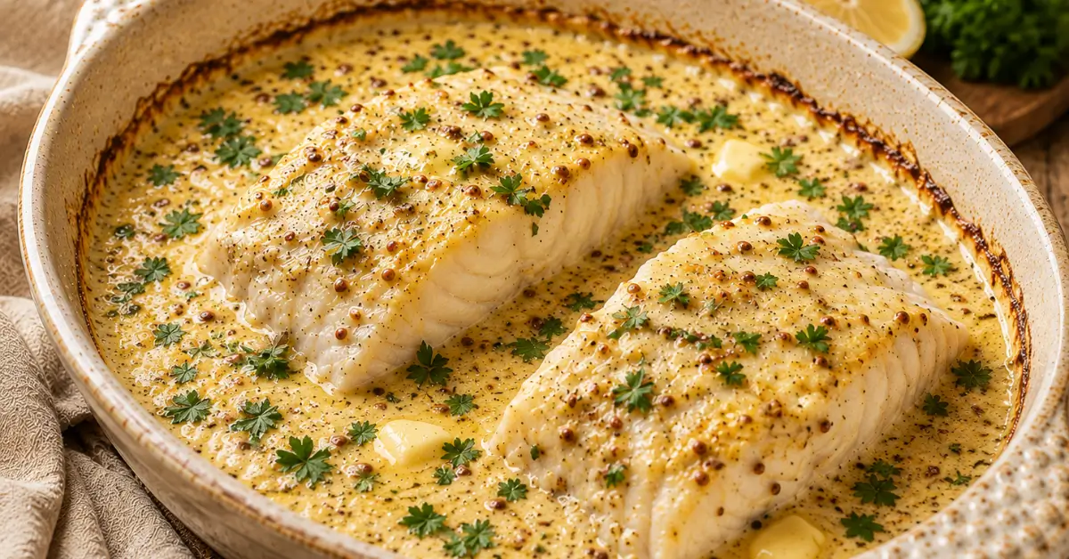 Kabeljauw met Mosterdsaus uit de Oven met romige saus en peterselie