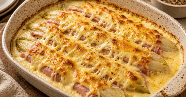 Witlof-ovenschotel met ham en kaas met een goudbruin kaaslaagje
