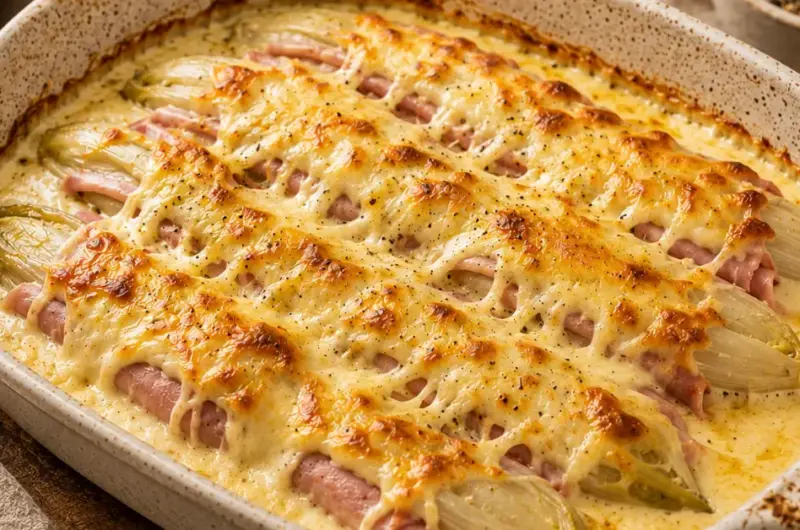 Witlof-ovenschotel met ham en kaas