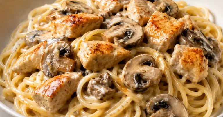 Romige pasta met kip en champignons met cherrytomaten en peterselie