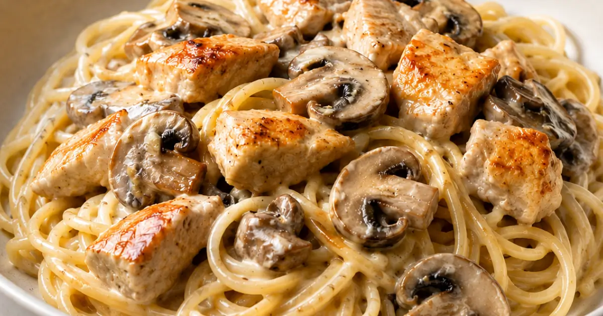 Romige pasta met kip en champignons met cherrytomaten en peterselie