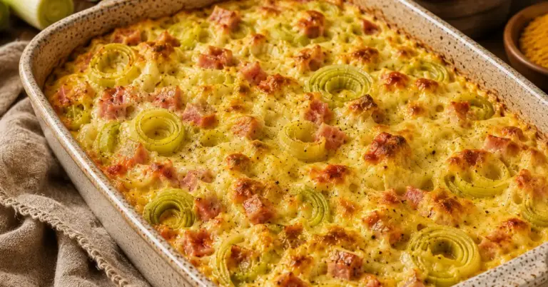 Prei-ovenschotel met ham en kerrie-roomsaus met goudbruine kaas