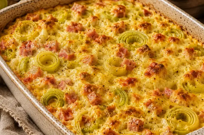 Prei-ovenschotel met ham en kerrie-roomsaus