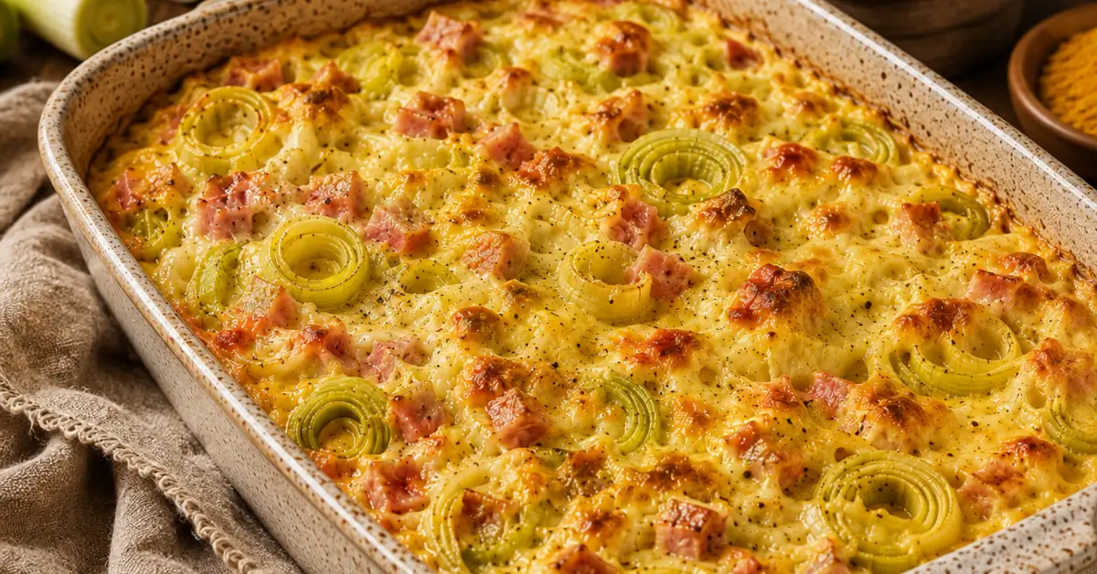 Prei-ovenschotel met ham en kerrie-roomsaus met goudbruine kaas