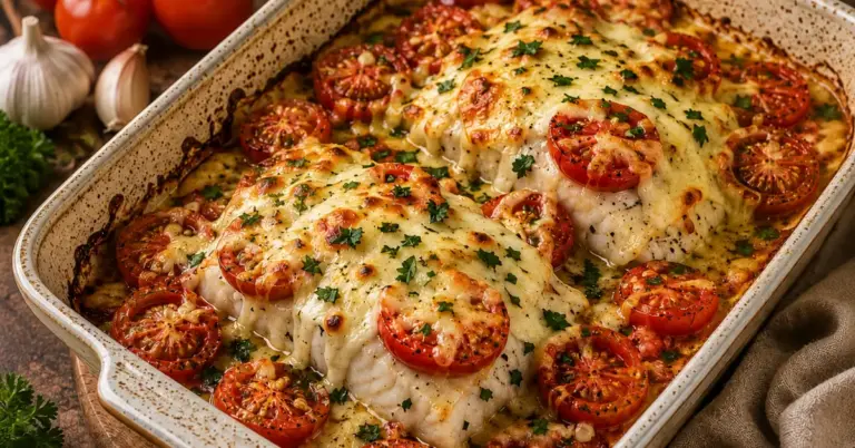 Ovenkabeljauw met Tomaat en Kaas in een ovenschaal