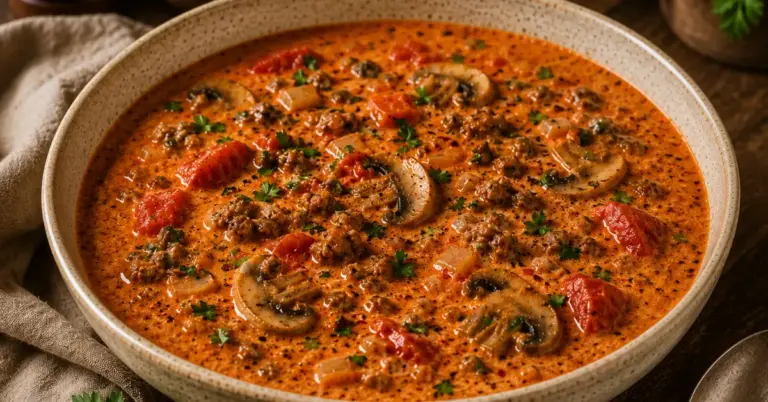 Romige Tomatensoep met Gehakt, Champignons en Kaas in een kom