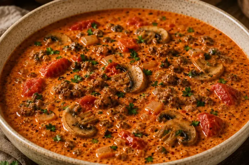 Romige Tomatensoep met Gehakt, Champignons en Kaas