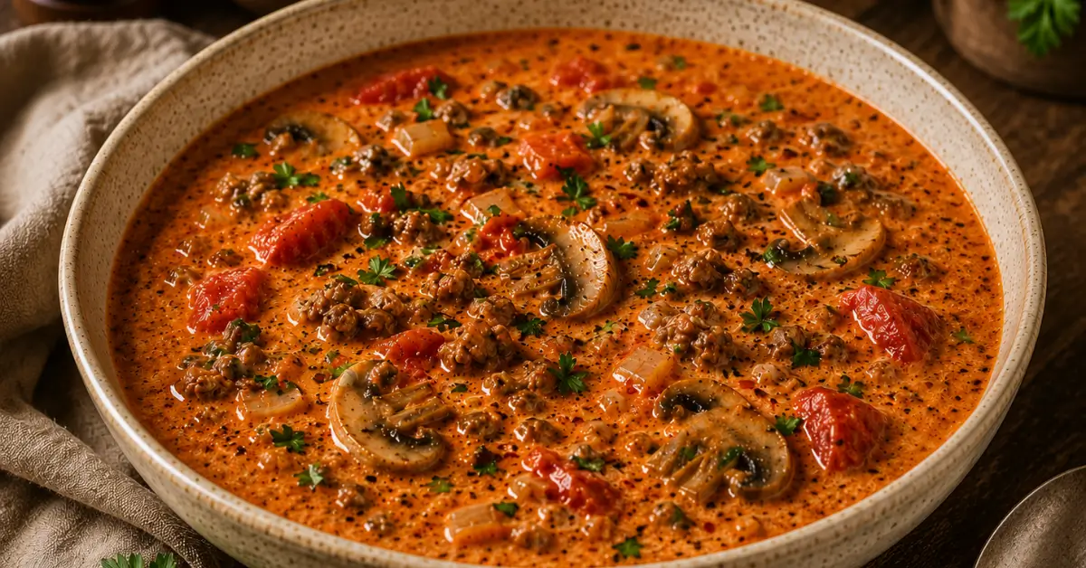 Romige Tomatensoep met Gehakt, Champignons en Kaas in een kom