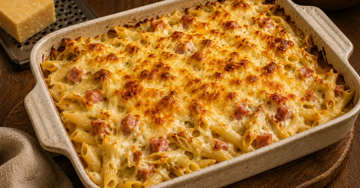 Gegratineerde Pasta met Witlof en Ham met een goudbruine kaaslaag
