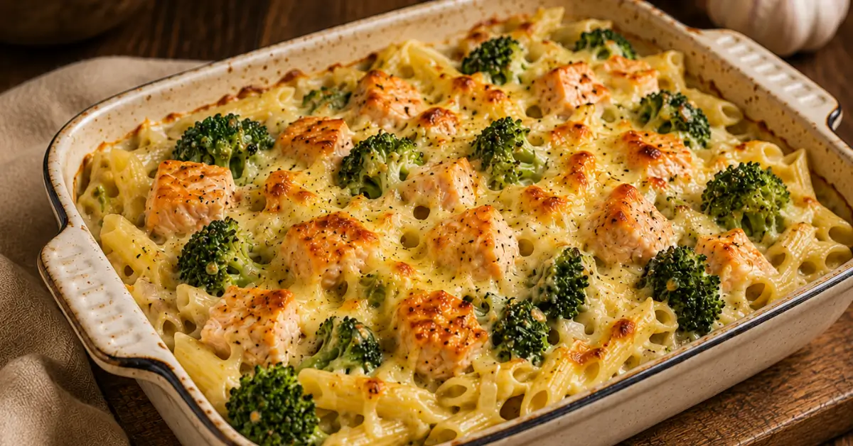 Ovenschotel met Broccoli, Zalm en Pasta met goudbruin kaaskorstje