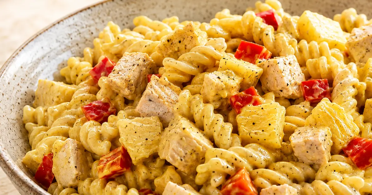 Kip-ananas pastasalade met kerriedressing in een schaal