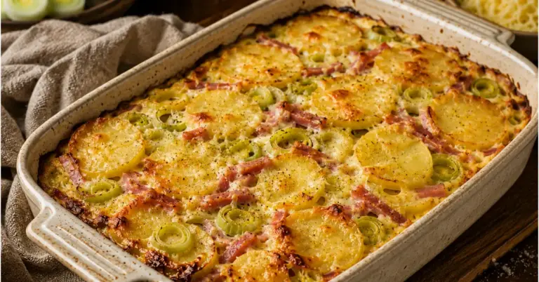 Ovenschotel met Prei, Ham en Ei met goudbruine kaas