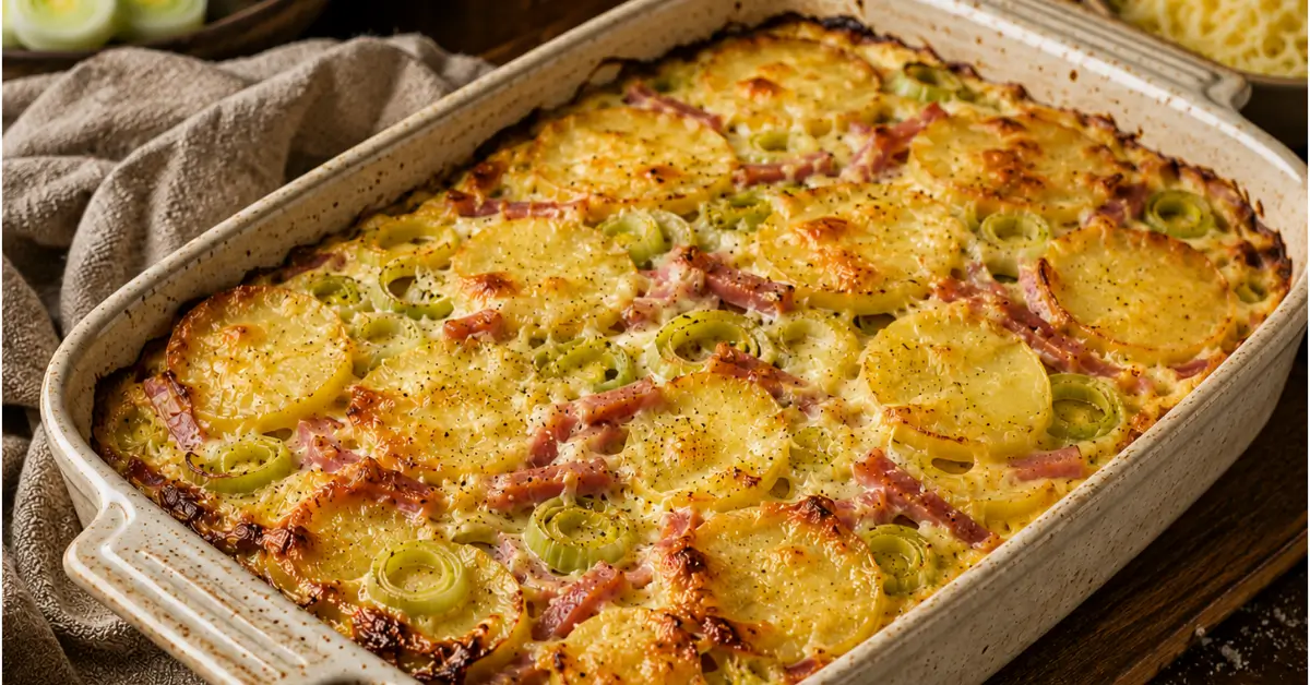 Ovenschotel met Prei, Ham en Ei met goudbruine kaas