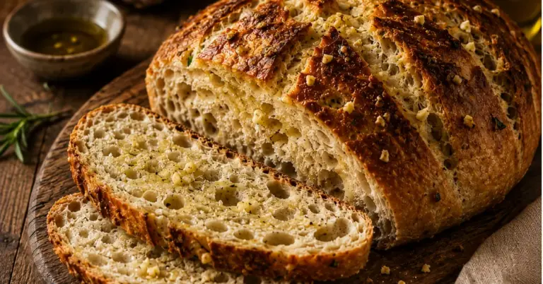 Knapperig Knoflookbrood Zonder Kneden met goudbruine korst