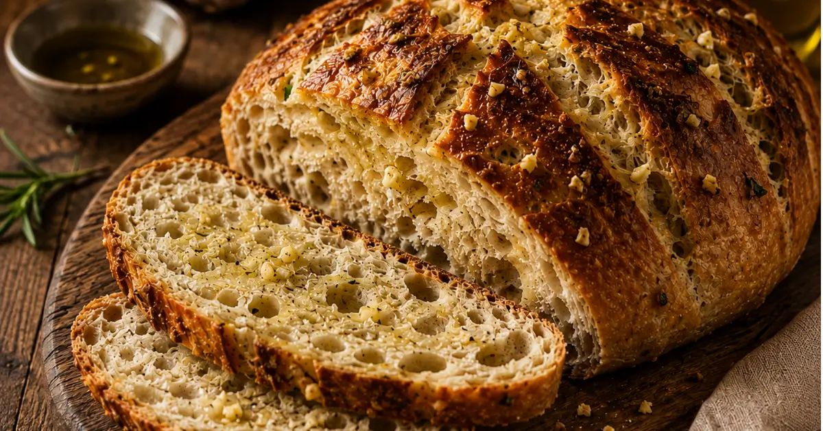 Knapperig Knoflookbrood Zonder Kneden met goudbruine korst