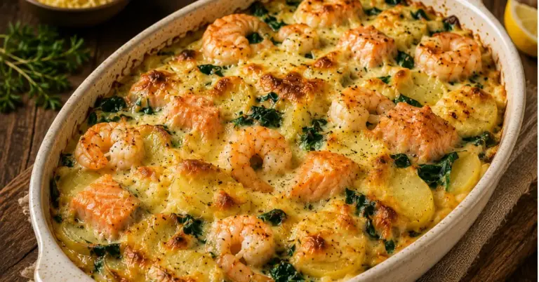 Zalm-Garnalen Ovenschotel met Kaaskorst, spinazie en aardappel