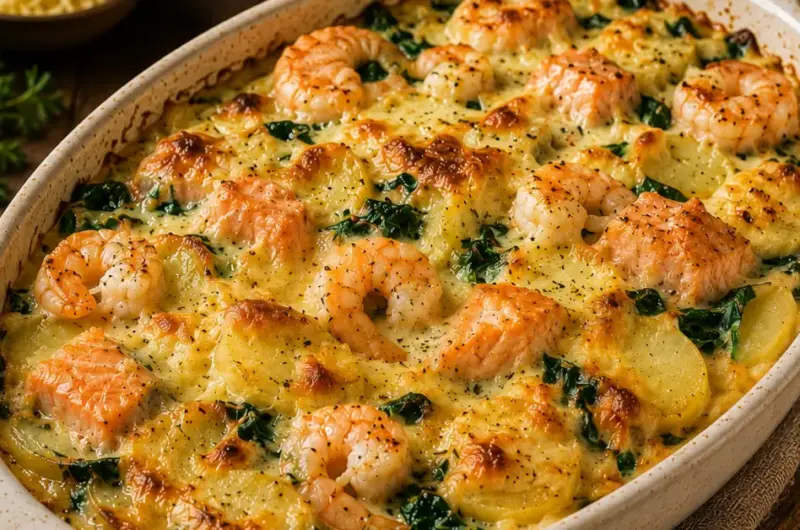 Zalm-Garnalen Ovenschotel met Kaaskorst