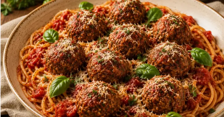 Spaghetti met Gehaktballen in tomatensaus met Parmezaanse kaas