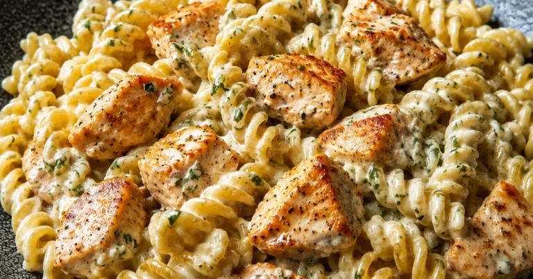 Pasta met Kip en Kruidenkaas in een diep bord met peterselie
