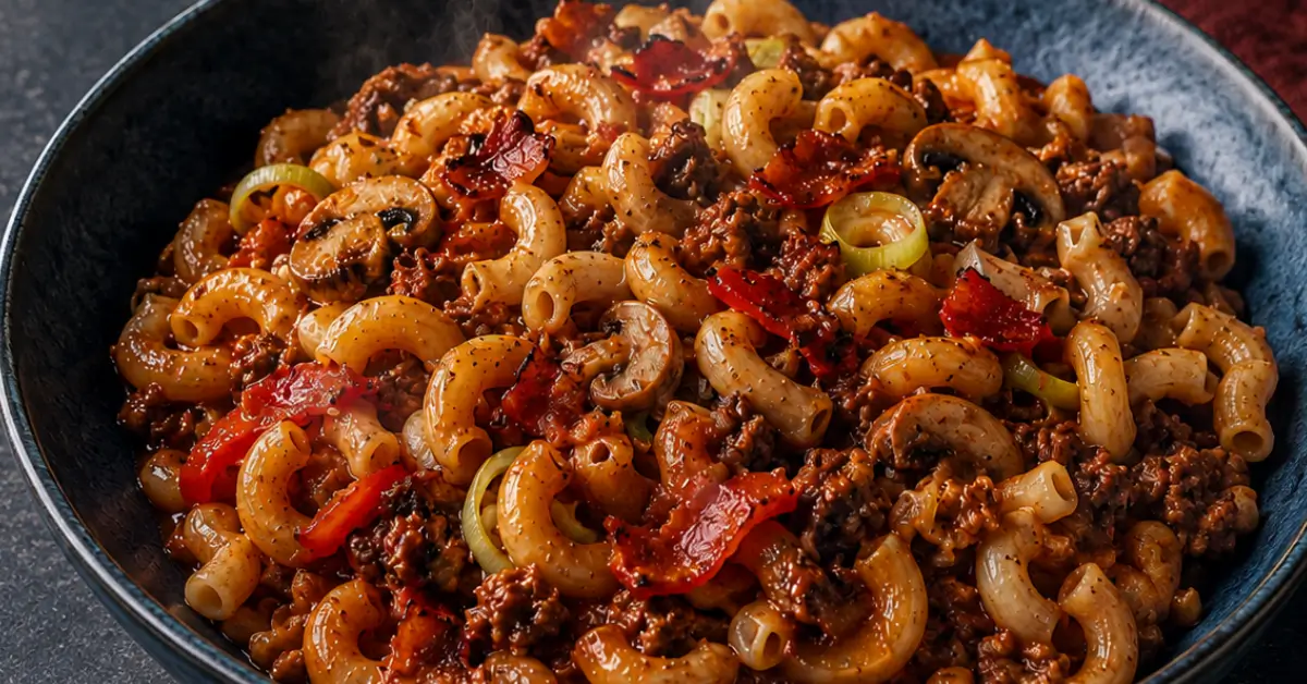 Macaroni van vroeger met gehakt, groenten en geraspte kaas