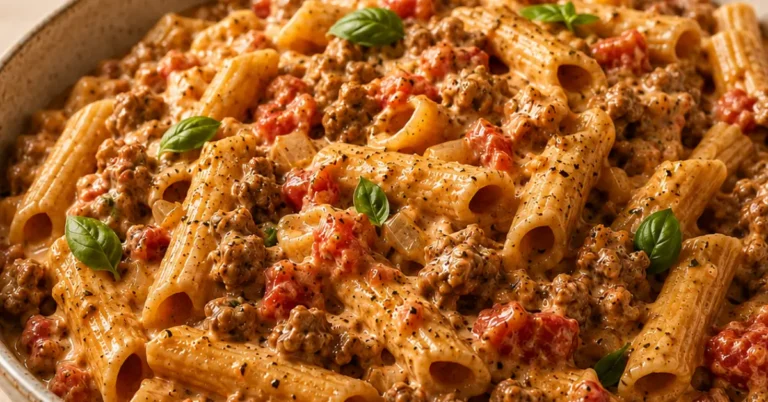 Romige gehaktpasta met Boursin, tomatenblokjes en verse basilicum