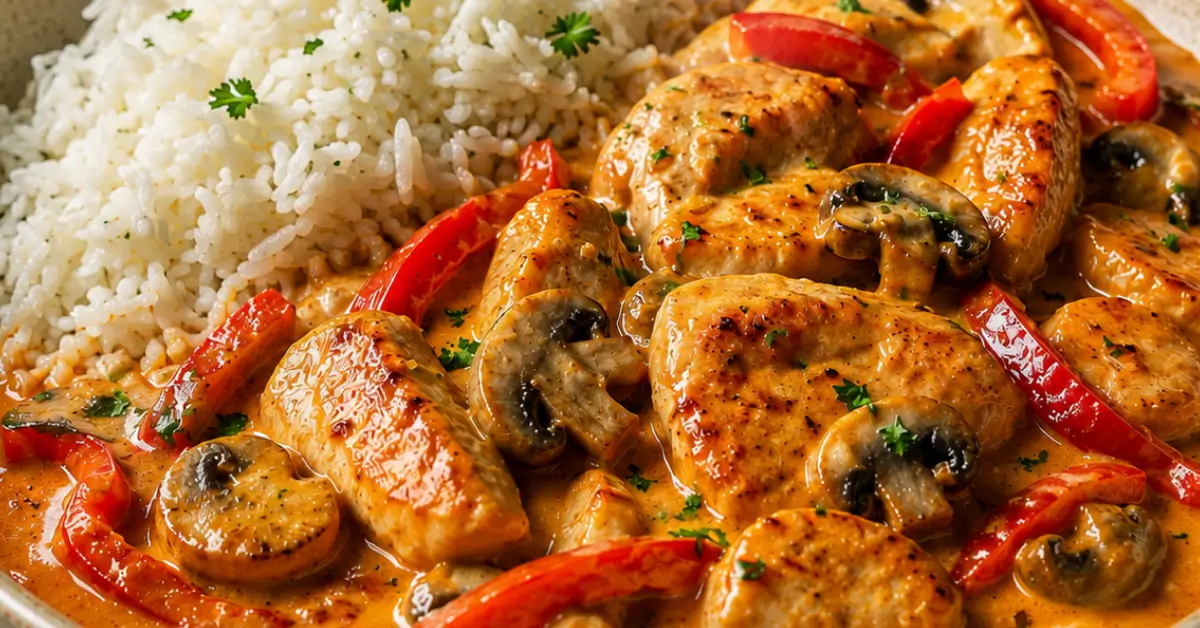 Kip stroganoff met rijst, paprika en champignons