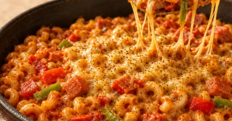 Macaroni zoals op kamp met ham, paprika en gesmolten kaas
