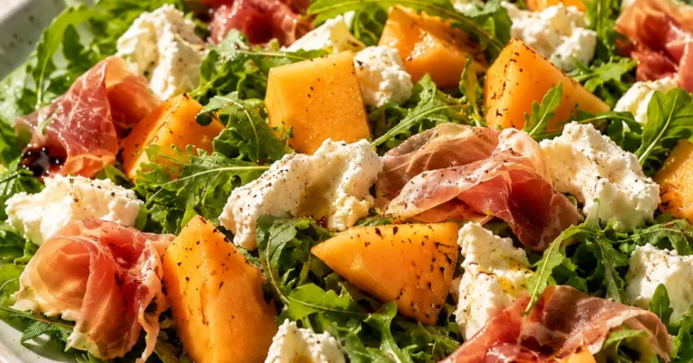 Frisse rucolasalade met meloen, ham en mozzarella op een zomerse schaal