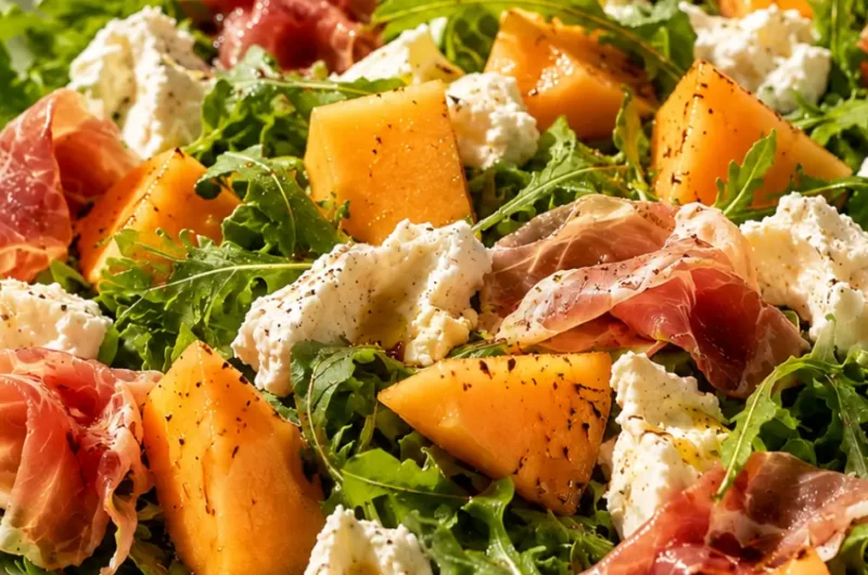 Frisse rucolasalade met meloen, ham en mozzarella