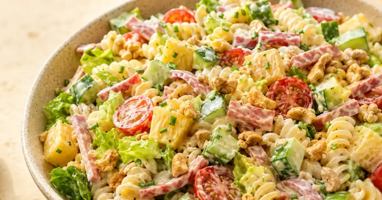 Frisse pastasalade hawaï met ananas, ham en romige dressing