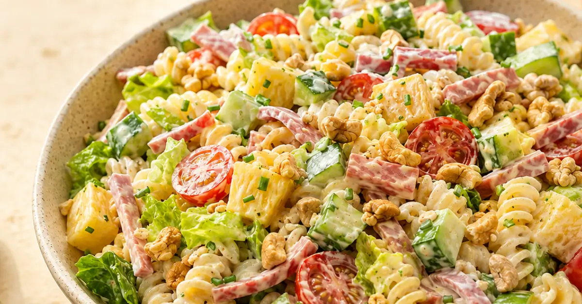 Frisse pastasalade hawaï met ananas, ham en romige dressing