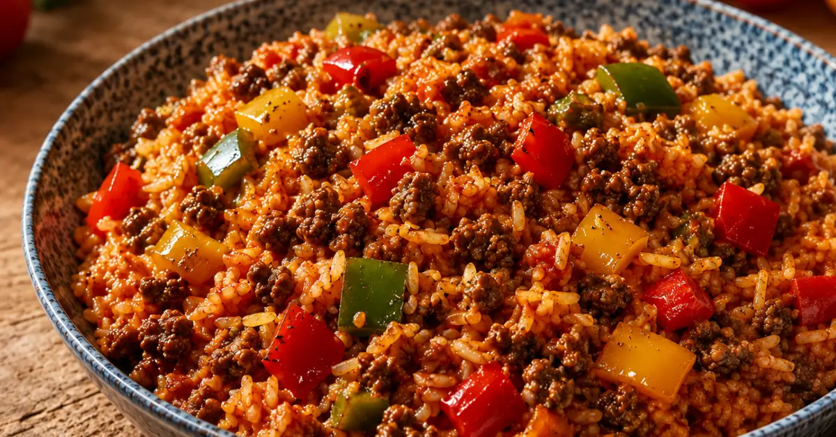 Roergebakken rijst met gehakt en paprika in een grote pan