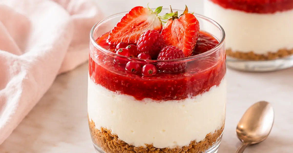 Aardbeien cheesecake in een glaasje met vers rood fruit