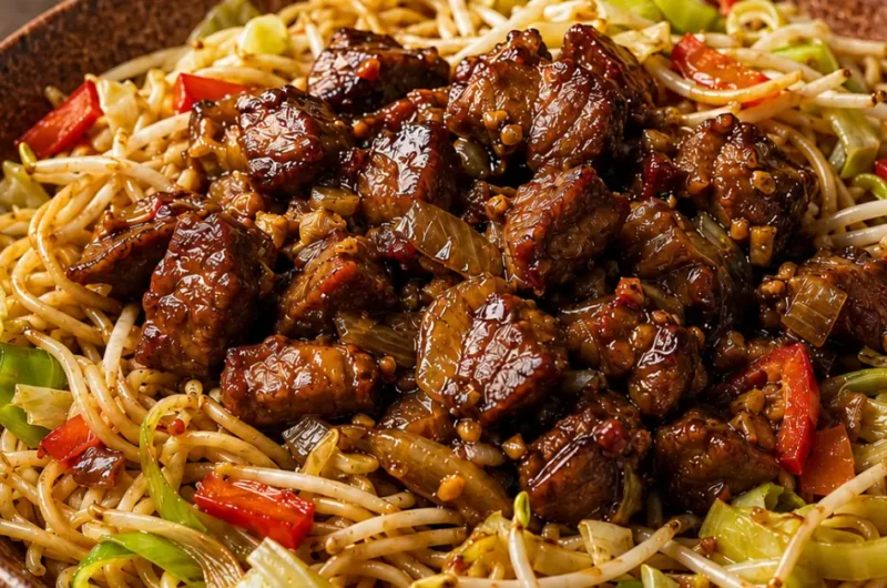 Babi ketjap met gember, mie en wokgroente