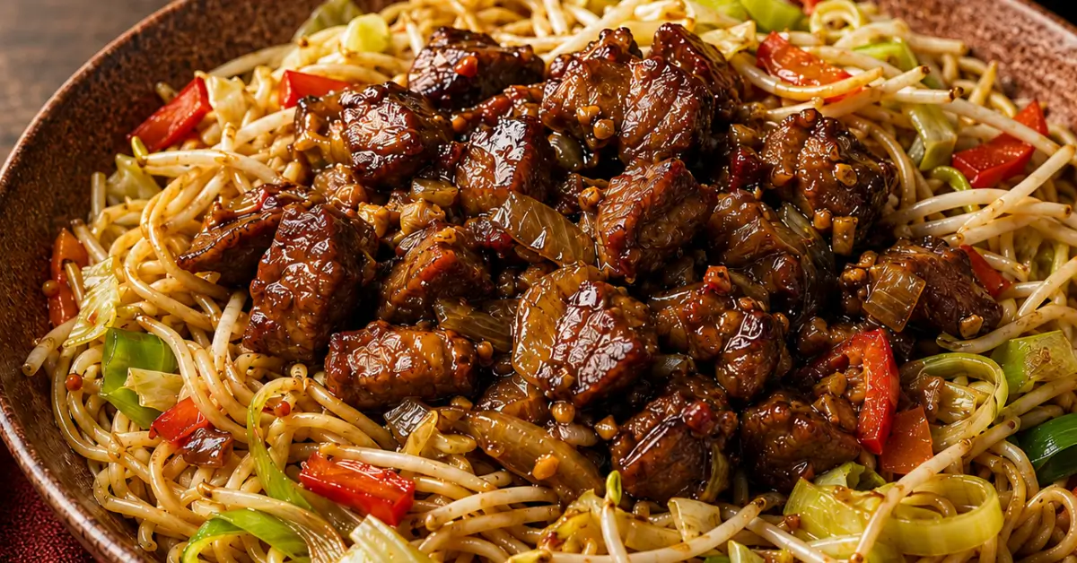 Babi ketjap met eiermie en wokgroente