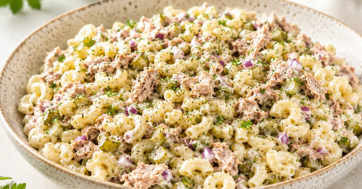 Tonijnpastasalade met augurk in een ruime kom