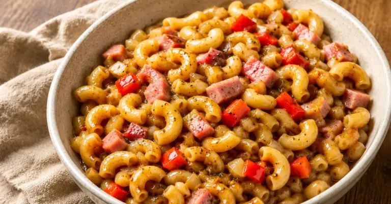 Indische macaroni met ham en ketjap met rode paprika