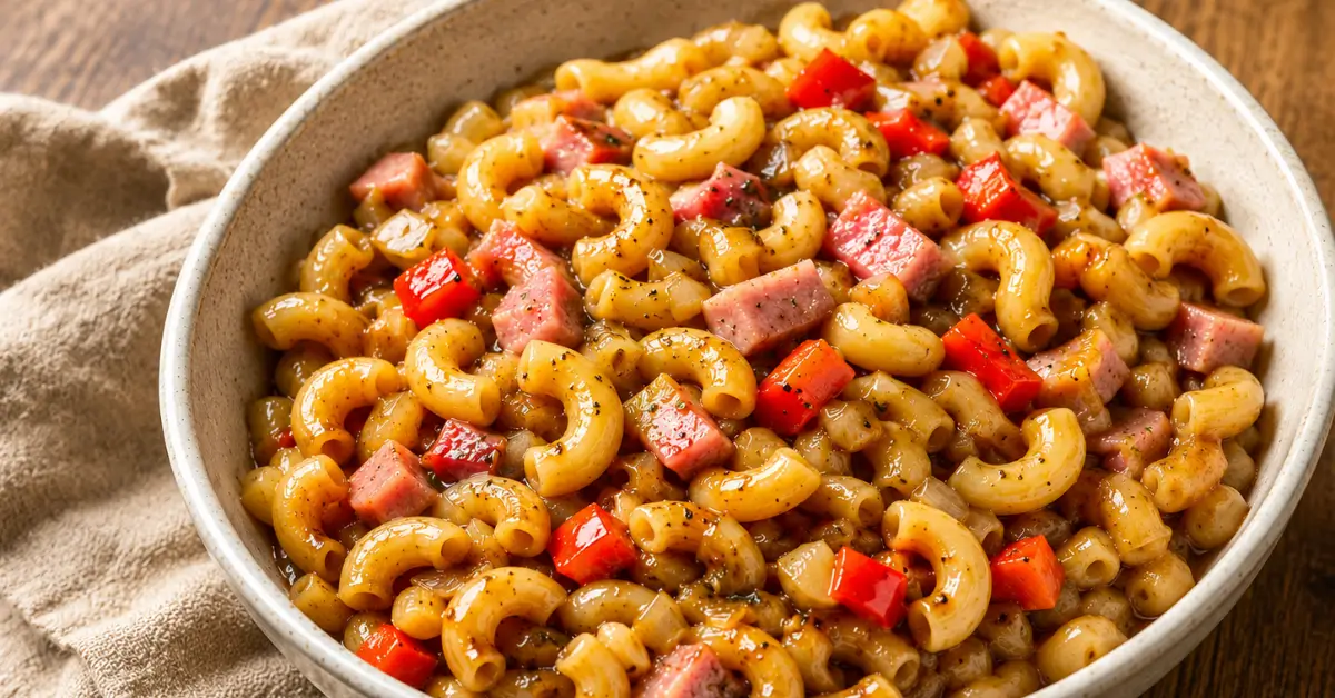 Indische macaroni met ham en ketjap met rode paprika